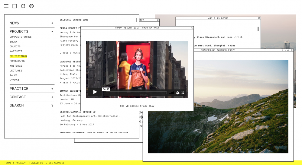 Screenshot of Herzog & de Meuron website with several windows open