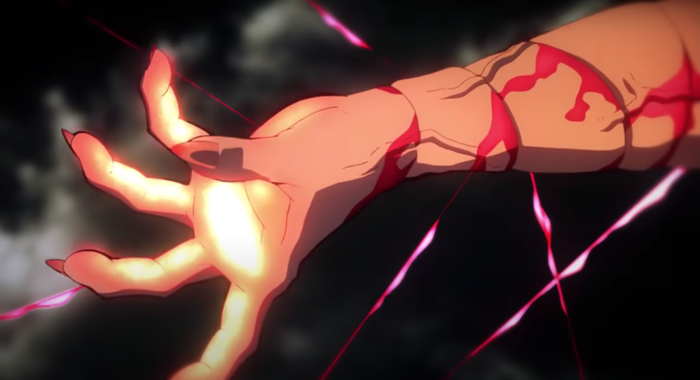 Screengrab of a heavily veined armed caught in bright red threads that are cutting into the arm. Blood from the cuts run down the thread. The hand at the end of the arm has sharp red claws and a bright glow is eminating from the hand's palm.