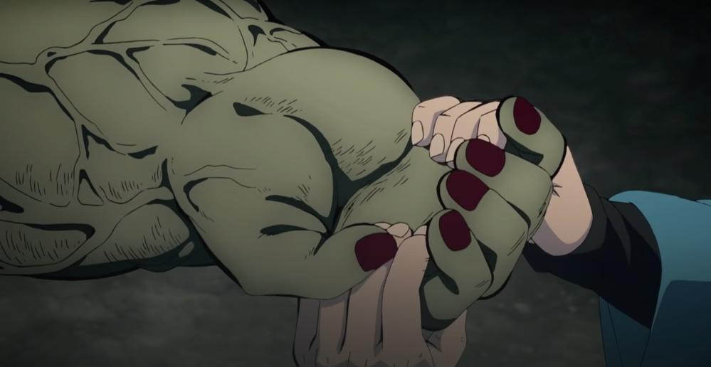 The monster’s hand has closed a bit more over the human’s hands, as if reaching for comfort in its final moments.