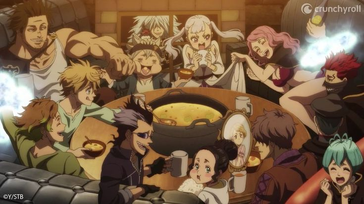 Screengrab of a large cast of characters around a large central wooden table. There's a large black pot of yellow soup or stew in the middle of the tabel and some characters are helping themselves to the food while others drink or speak animatedly with each other. It appears to be a boisterous team dinner.