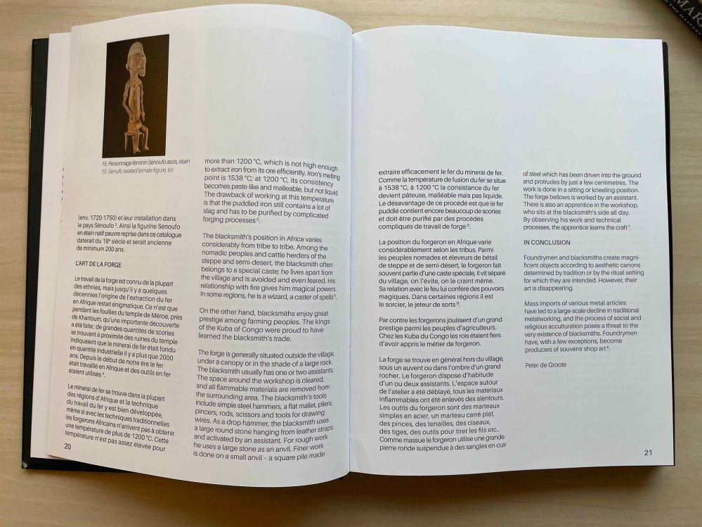 Inside pages of Metalworking in West Africa showing a small metal sculpture and lots of text