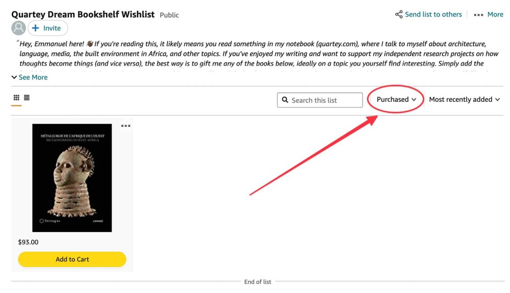 Amazon Wishlist interface showing that a book has been purchased