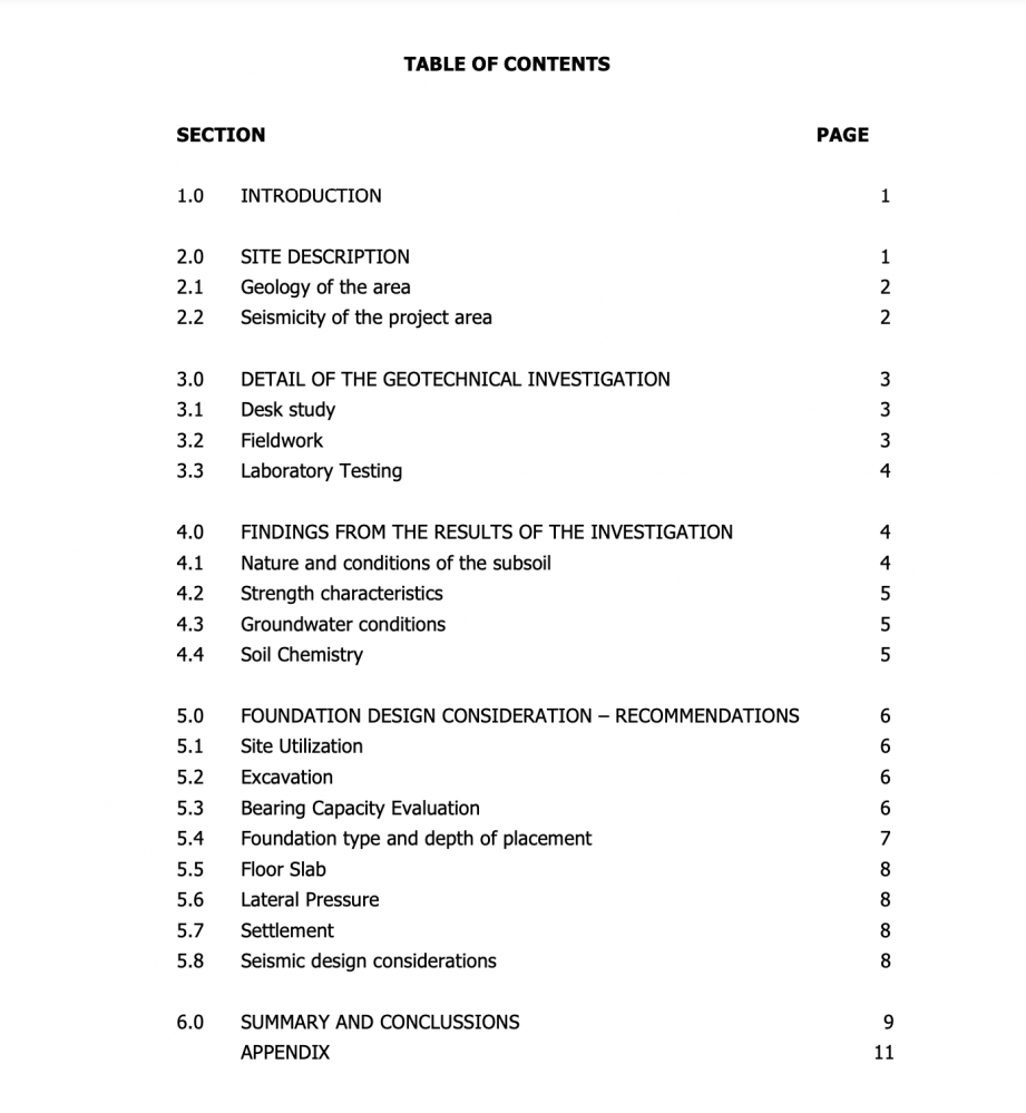 Screenshot of table of contents. Main sections are introduction, site descrition, detail of the geotechnical investigation, findings from the results of the investigation, foundations design consideration - recommendations, summary and conclusions, and appendix
