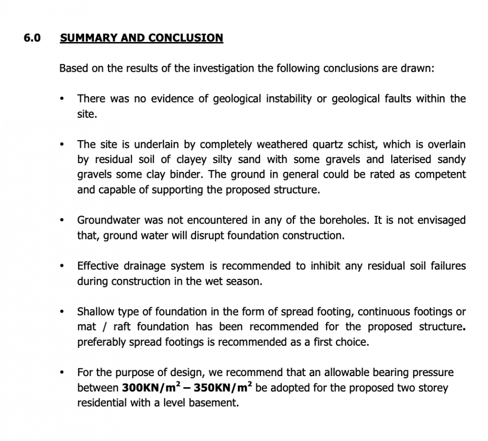 Summary page says there is no geological instability, that soil is mostly quartz schist, that groundwater was not encountered, and gives recommendation for type of foundation