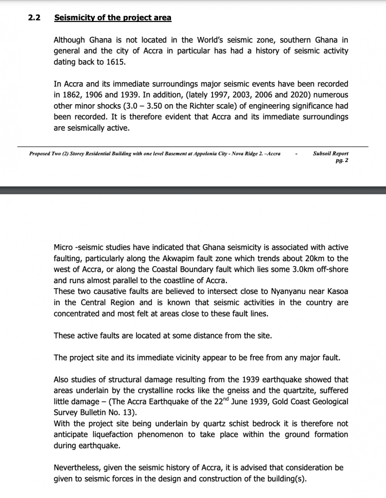 Screenshot of the section talking about seismicity. Basically says that the site is not near any major fault line, and in the unlikely event of seismic activity, the soil type has shown to result in little damage