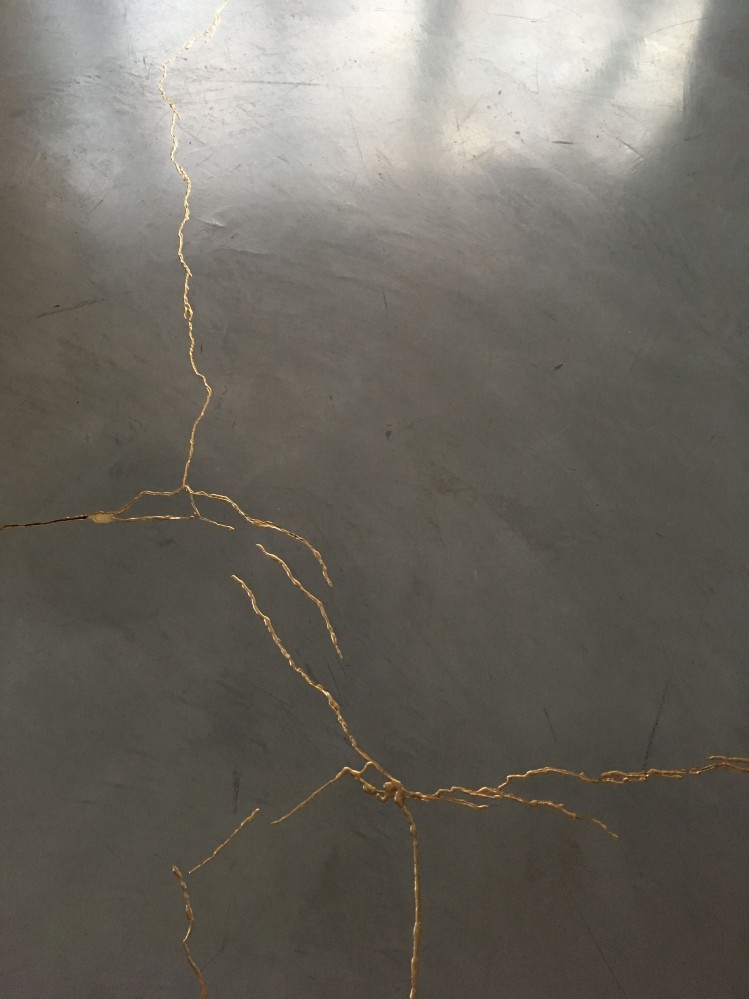 Dark polished concrete floor with gold filled inside the cracks